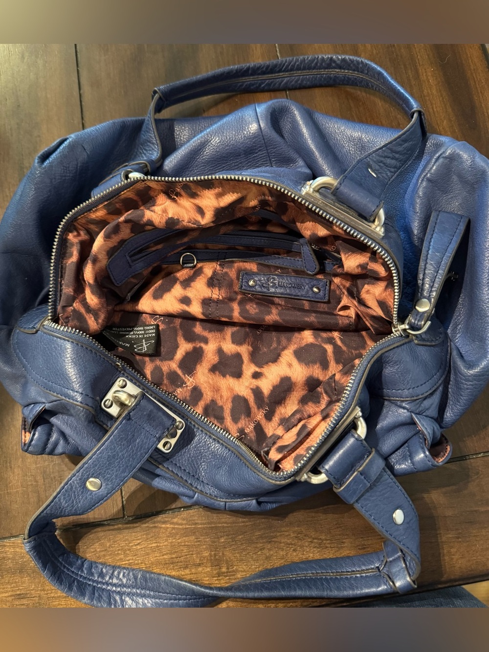 B. Makowsky Classic Navy Leather Shoulder Bag with Silver Hardware - Picture 3 of 5